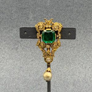 Cadoro Retro 80s Pin Brooch Gold Emerald Green Rhinestone Pearl Dangle